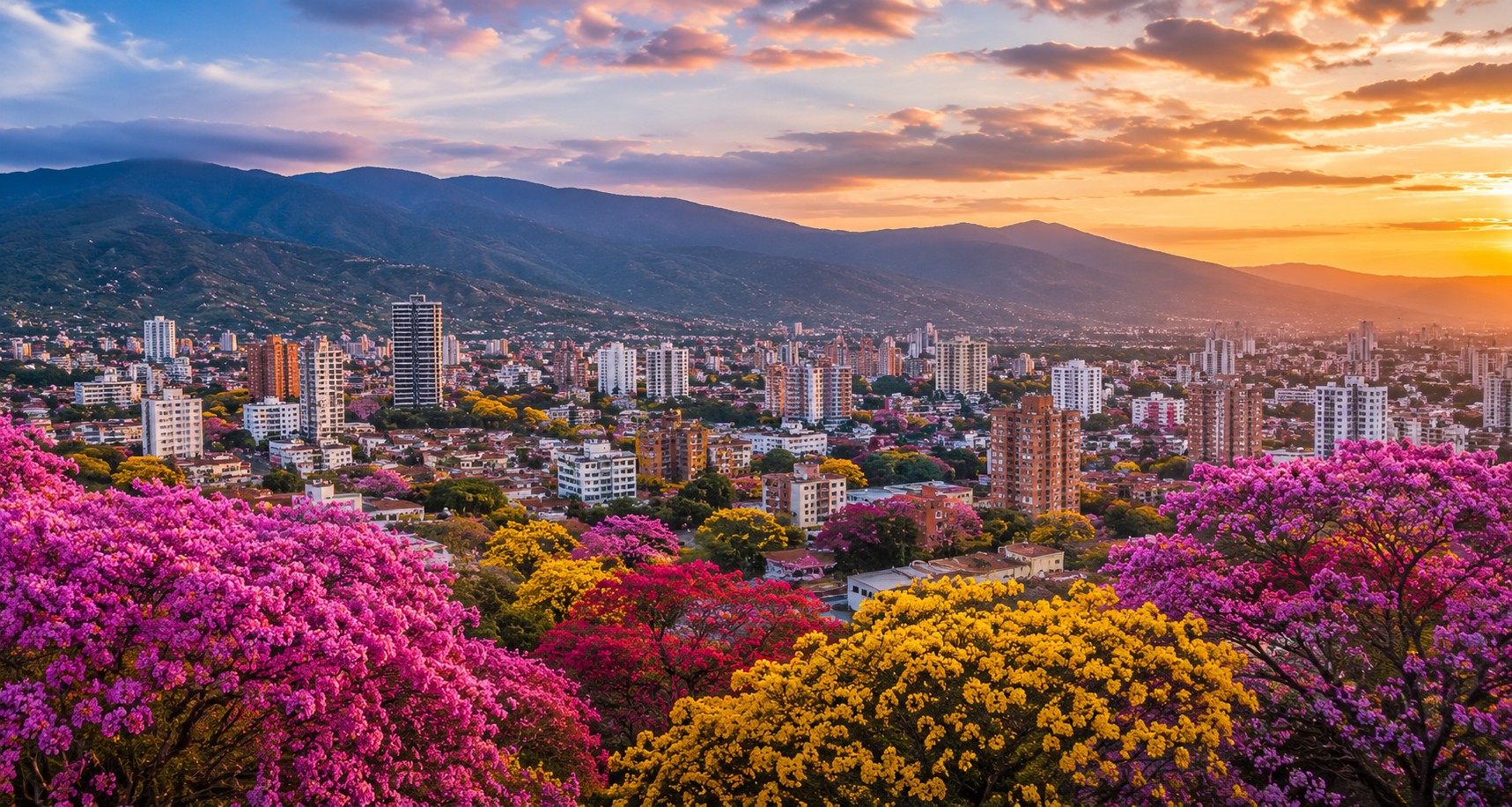 Panorámica de Ibagué con ocobos amarillos, rosados y fucsias